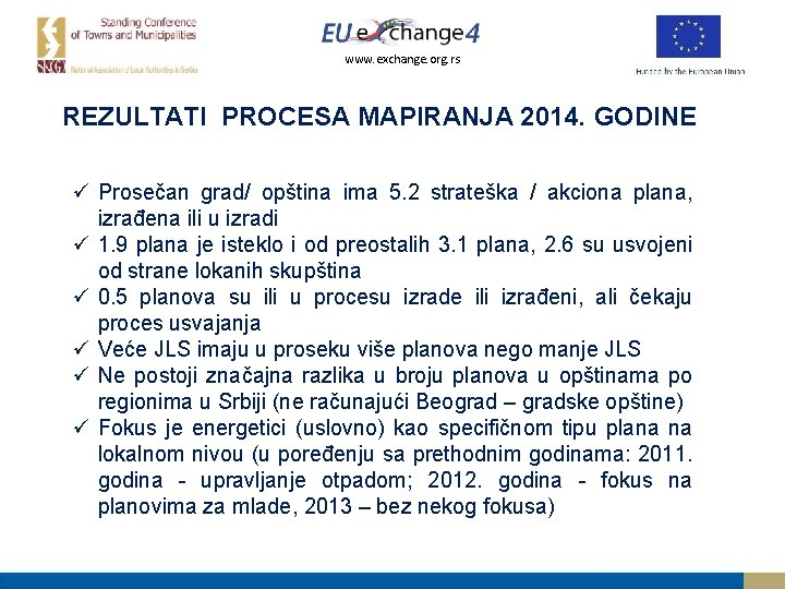 www. exchange. org. rs REZULTATI PROCESA MAPIRANJA 2014. GODINE ü Prosečan grad/ opština ima