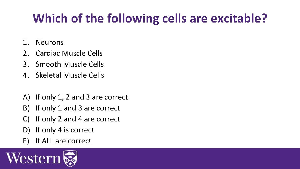 Which of the following cells are excitable? 1. 2. 3. 4. Neurons Cardiac Muscle