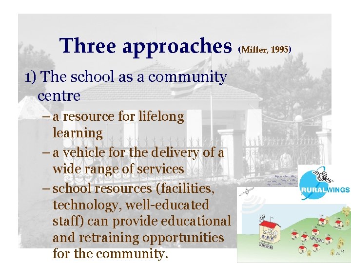 Three approaches (Miller, 1995) 1) The school as a community centre – a resource