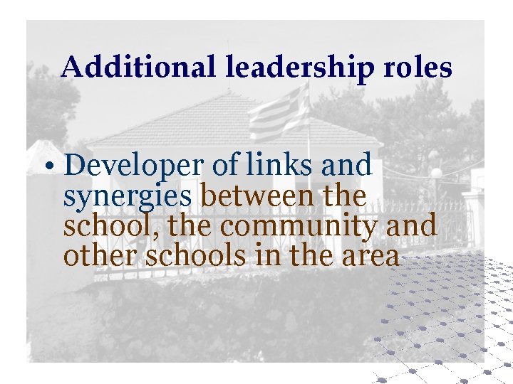 Additional leadership roles • Developer of links and synergies between the school, the community