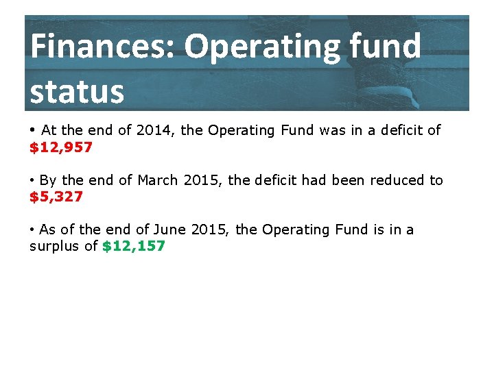 Finances: Operating fund status • At the end of 2014, the Operating Fund was