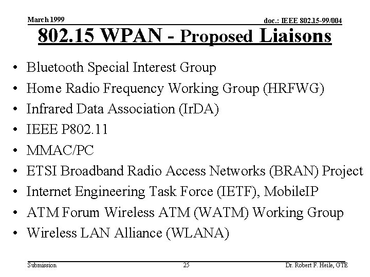 March 1999 doc. : IEEE 802. 15 -99/004 802. 15 WPAN - Proposed Liaisons