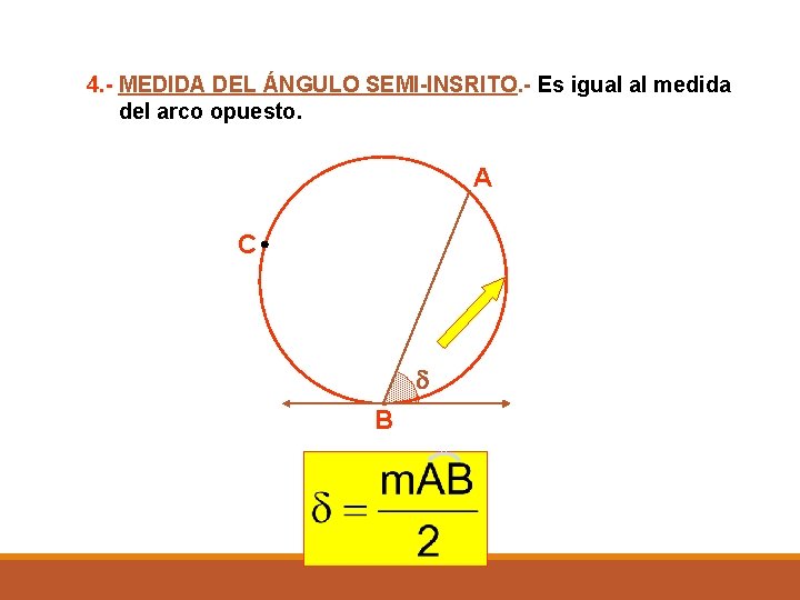 4. - MEDIDA DEL ÁNGULO SEMI-INSRITO. - Es igual al medida del arco opuesto.