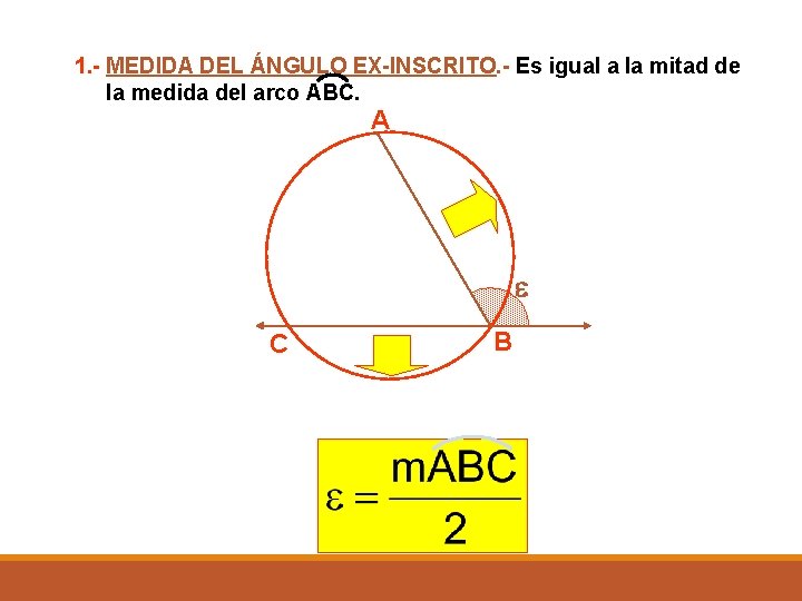 1. - MEDIDA DEL ÁNGULO EX-INSCRITO. - Es igual a la mitad de la