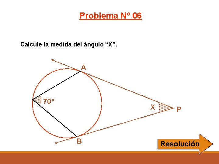 Problema Nº 06 Calcule la medida del ángulo “X”. A 70° X B P