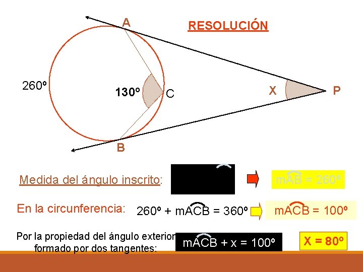 A 260º 130º RESOLUCIÓN X C P B Medida del ángulo inscrito: m. AB