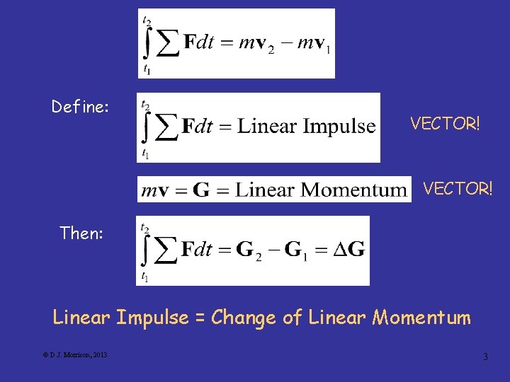 Define: VECTOR! Then: Linear Impulse = Change of Linear Momentum © D. J. Morrison,