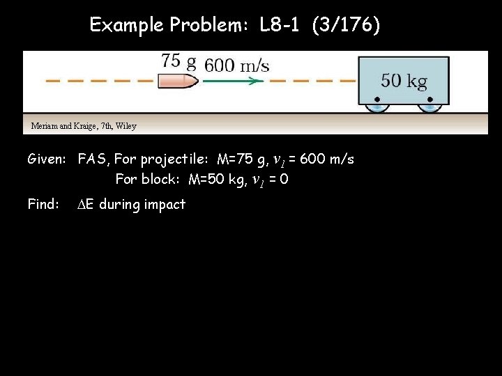 Example Problem: L 8 -1 (3/176) Meriam and Kraige, 7 th, Wiley Given: FAS,