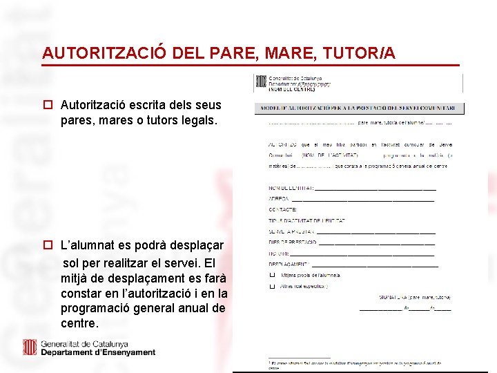 AUTORITZACIÓ DEL PARE, MARE, TUTOR/A o Autorització escrita dels seus pares, mares o tutors