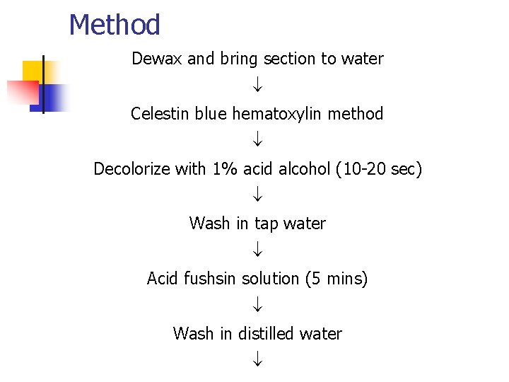 Method Dewax and bring section to water Celestin blue hematoxylin method Decolorize with 1%