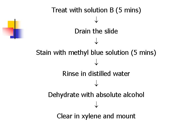 Treat with solution B (5 mins) Drain the slide Stain with methyl blue solution