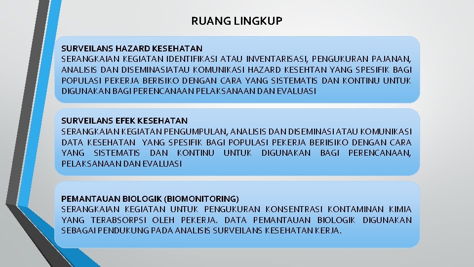 RUANG LINGKUP SURVEILANS HAZARD KESEHATAN SERANGKAIAN KEGIATAN IDENTIFIKASI ATAU INVENTARISASI, PENGUKURAN PAJANAN, ANALISIS DAN