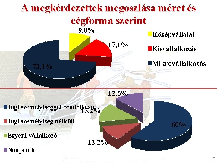 A megkérdezettek megoszlása méret és cégforma szerint 9, 8% Középvállalat 17, 1% Kisvállalkozás Mikrovállalkozás