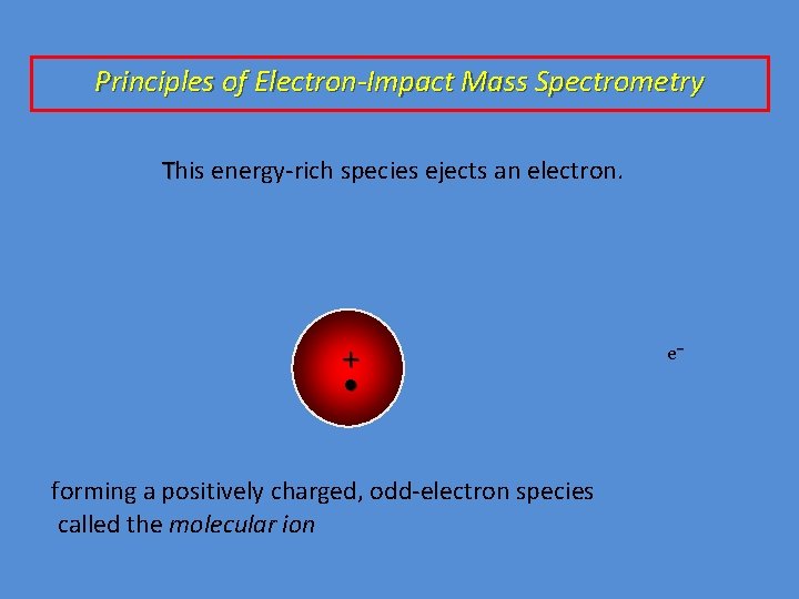 Principles of Electron-Impact Mass Spectrometry This energy-rich species ejects an electron. + • forming