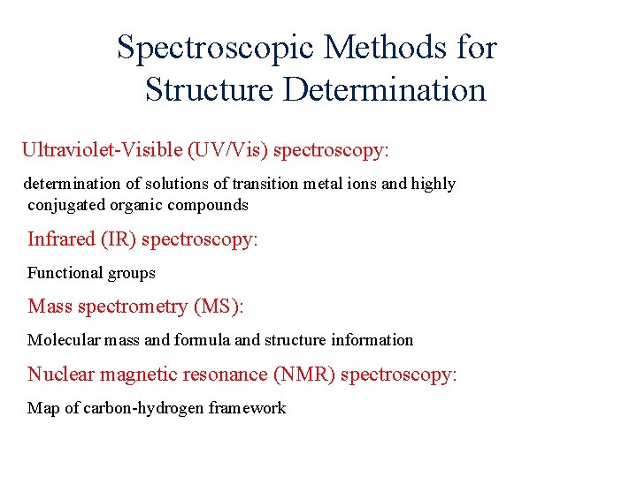 Spectroscopic Methods for Structure Determination Ultraviolet-Visible (UV/Vis) spectroscopy: determination of solutions of transition metal