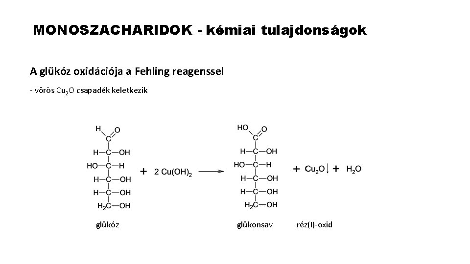 MONOSZACHARIDOK - kémiai tulajdonságok A glükóz oxidációja a Fehling reagenssel - vörös Cu 2