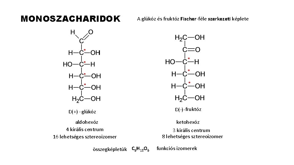 MONOSZACHARIDOK A glükóz és fruktóz Fischer-féle szerkezeti képlete * * * * D(+) -