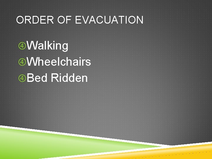 ORDER OF EVACUATION Walking Wheelchairs Bed Ridden 