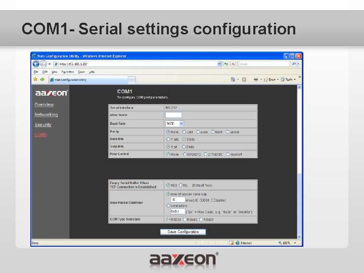 COM 1 - Serial settings configuration 