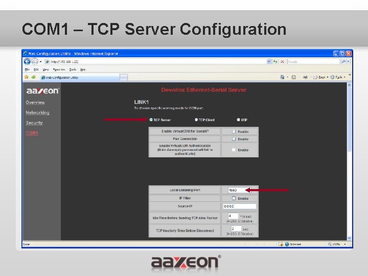 COM 1 – TCP Server Configuration 