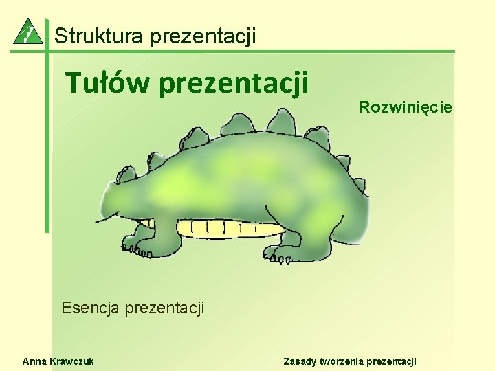 Struktura prezentacji Tułów prezentacji Rozwinięcie Esencja prezentacji Anna Krawczuk Zasady tworzenia prezentacji 
