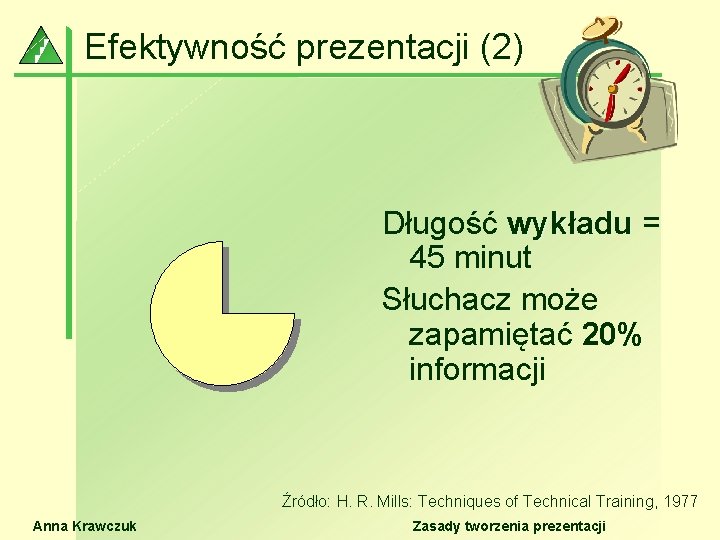 Efektywność prezentacji (2) Długość wykładu = 45 minut Słuchacz może zapamiętać 20% informacji Źródło: