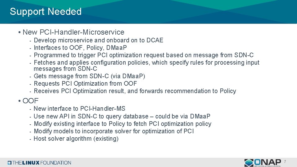 Support Needed • New PCI-Handler-Microservice Develop microservice and onboard on to DCAE Interfaces to