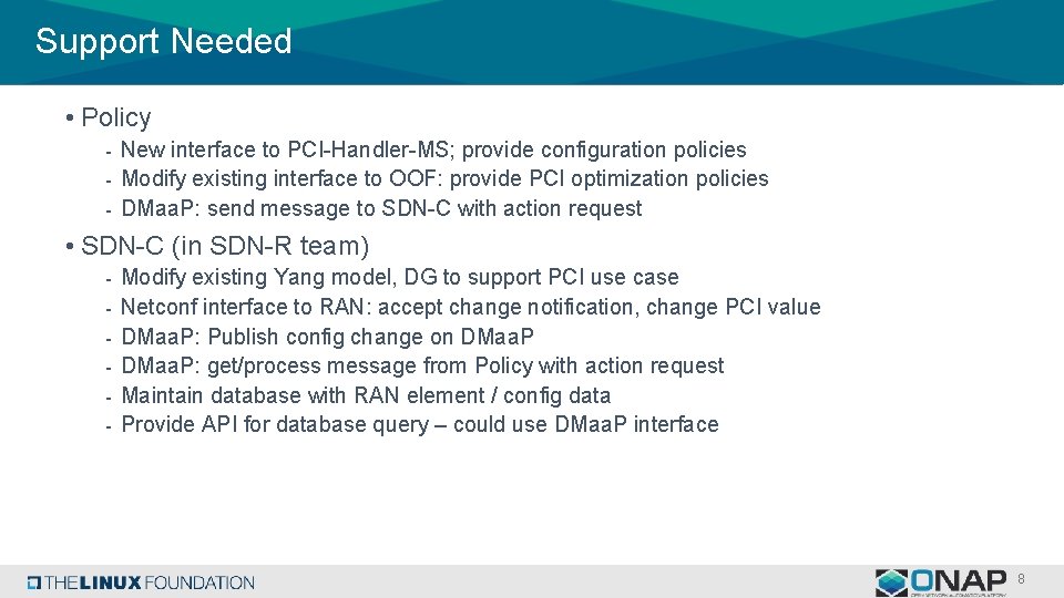 Support Needed • Policy - New interface to PCI-Handler-MS; provide configuration policies - Modify