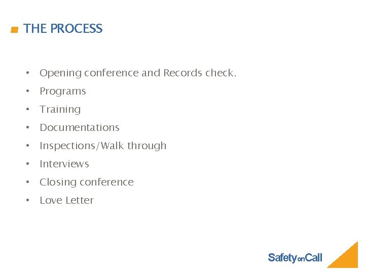 THE PROCESS • Opening conference and Records check. • Programs • Training • Documentations