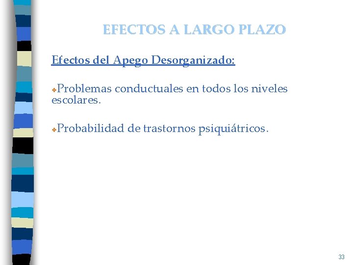 EFECTOS A LARGO PLAZO Efectos del Apego Desorganizado: Problemas conductuales en todos los niveles