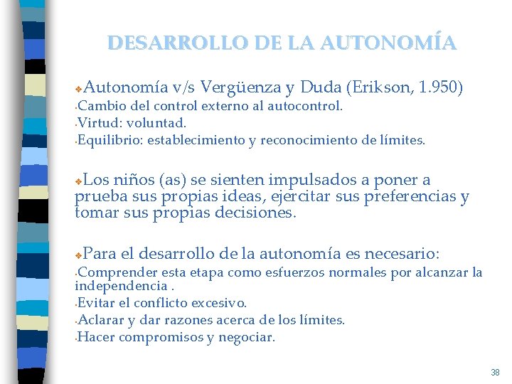 DESARROLLO DE LA AUTONOMÍA Autonomía v/s Vergüenza y Duda (Erikson, 1. 950) v Cambio