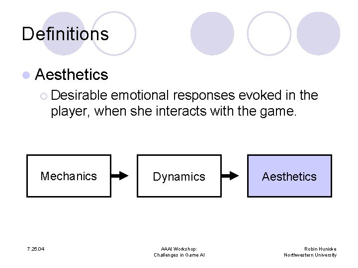 Definitions l Aesthetics ¡ Desirable emotional responses evoked in the player, when she interacts