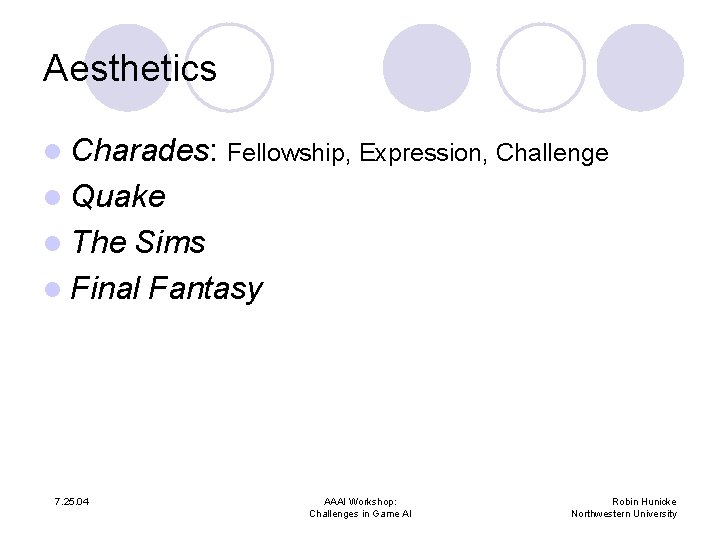 Aesthetics l Charades: Fellowship, Expression, Challenge l Quake l The Sims l Final Fantasy