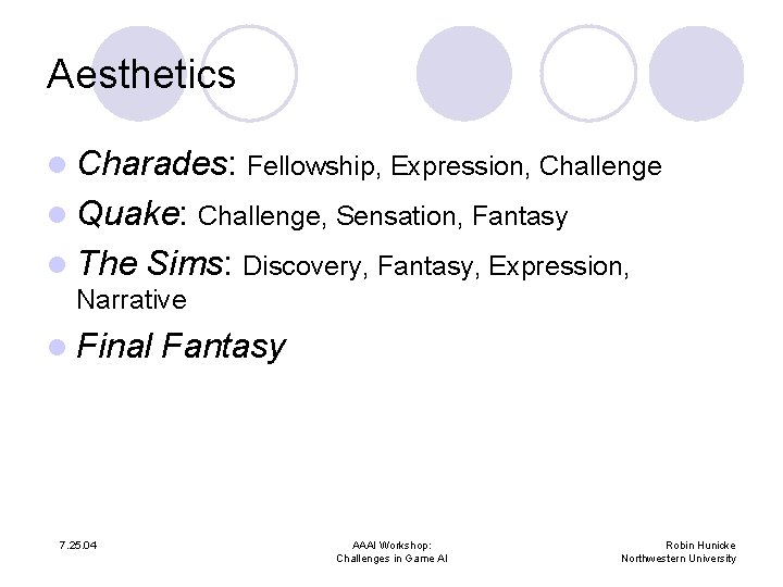 Aesthetics l Charades: Fellowship, Expression, Challenge l Quake: Challenge, Sensation, Fantasy l The Sims: