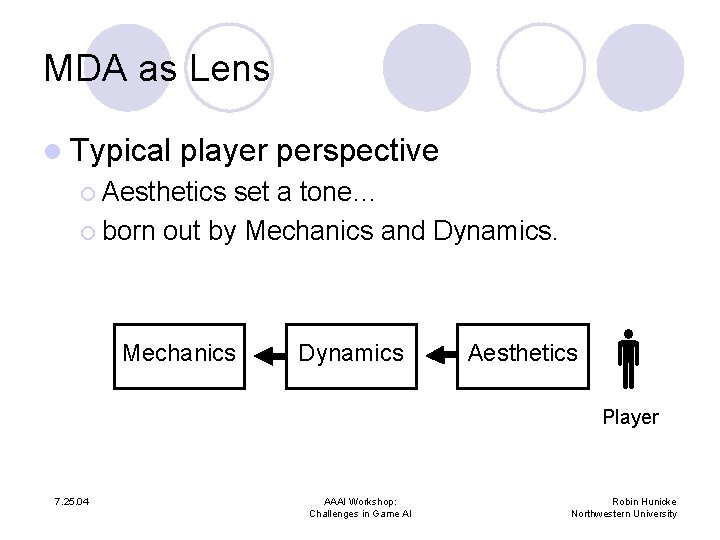 MDA as Lens l Typical player perspective ¡ Aesthetics set a tone… ¡ born