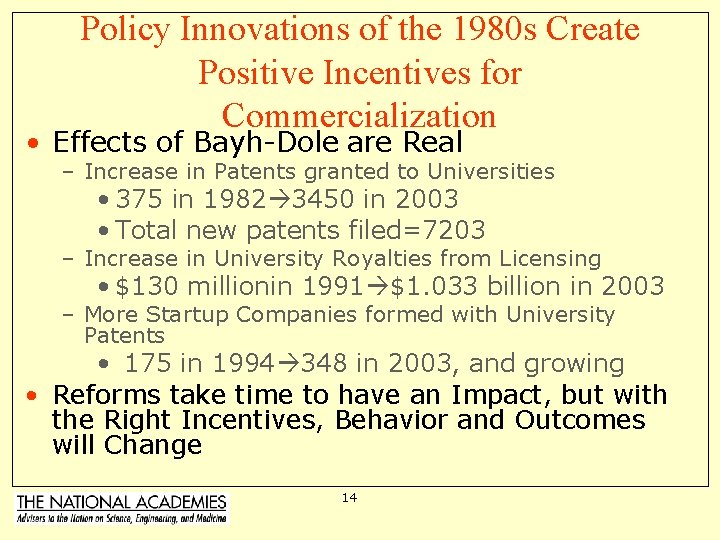 Policy Innovations of the 1980 s Create Positive Incentives for Commercialization • Effects of