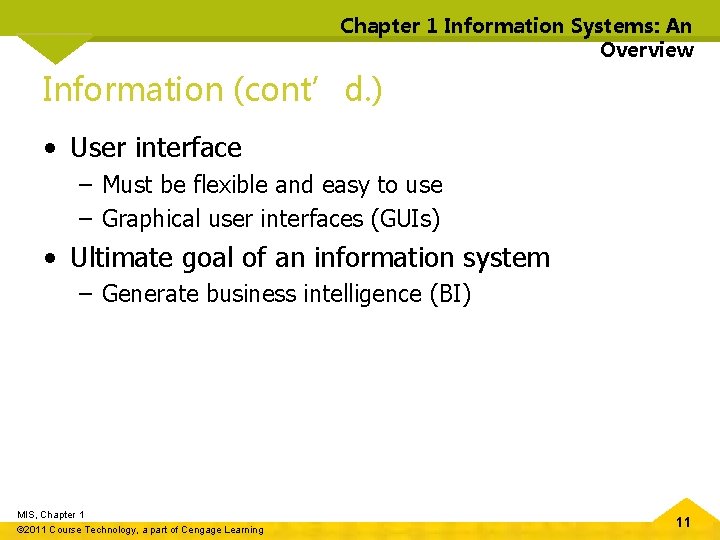 Chapter 1 Information Systems: An Overview Information (cont’d. ) • User interface – Must