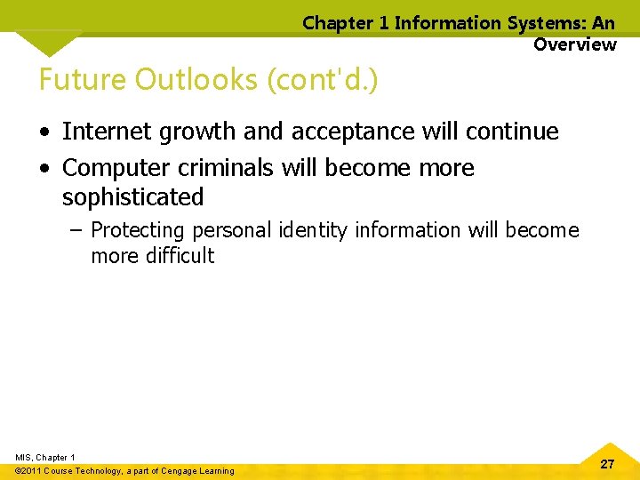 Chapter 1 Information Systems: An Overview Future Outlooks (cont'd. ) • Internet growth and