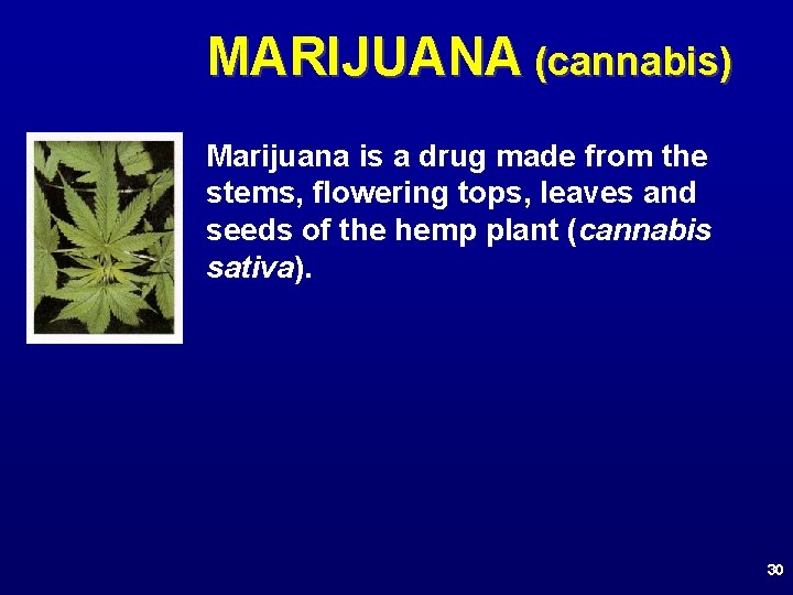 MARIJUANA (cannabis) Marijuana is a drug made from the stems, flowering tops, leaves and