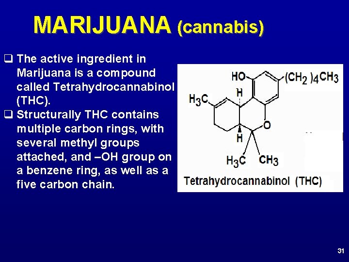 MARIJUANA (cannabis) q The active ingredient in Marijuana is a compound called Tetrahydrocannabinol (THC).