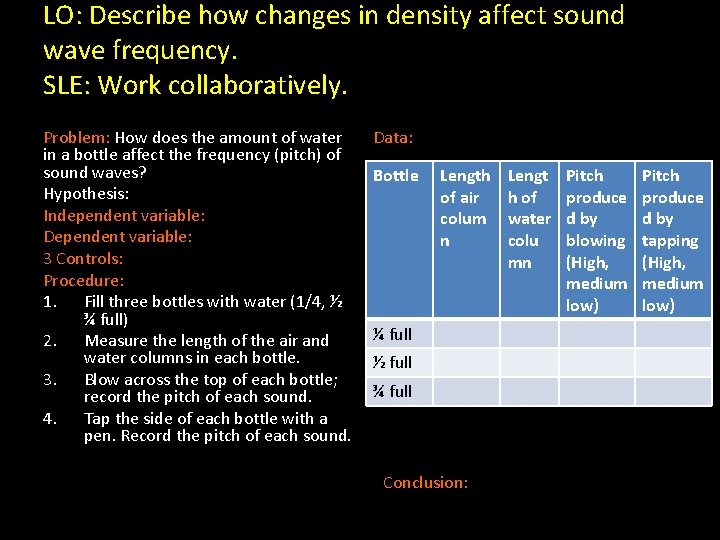 LO: Describe how changes in density affect sound wave frequency. SLE: Work collaboratively. Problem: