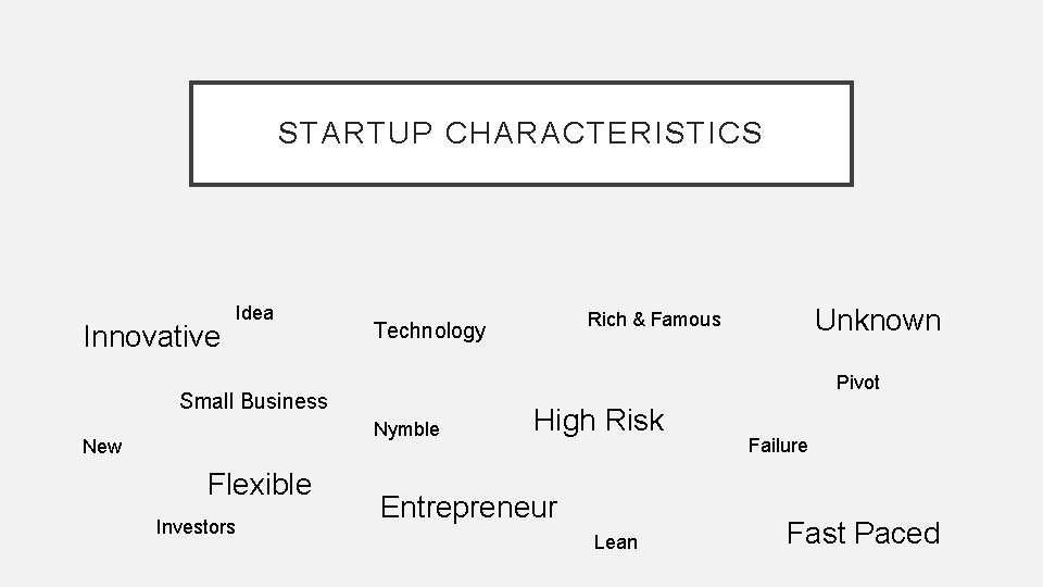 STARTUP CHARACTERISTICS Innovative Idea Pivot Small Business Nymble New Flexible Investors Unknown Rich &