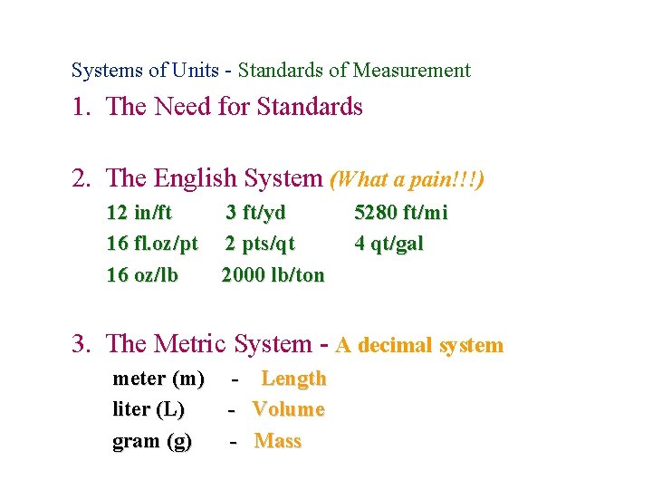 Measurement Systems of Units - Standards of Measurement 1. The Need for Standards 2.