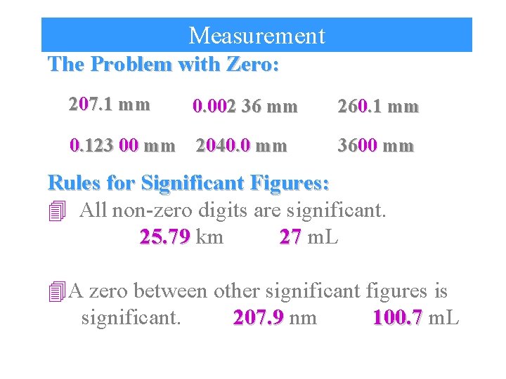 Measurement The Problem with Zero: 207. 1 mm 0. 002 36 mm 0. 123