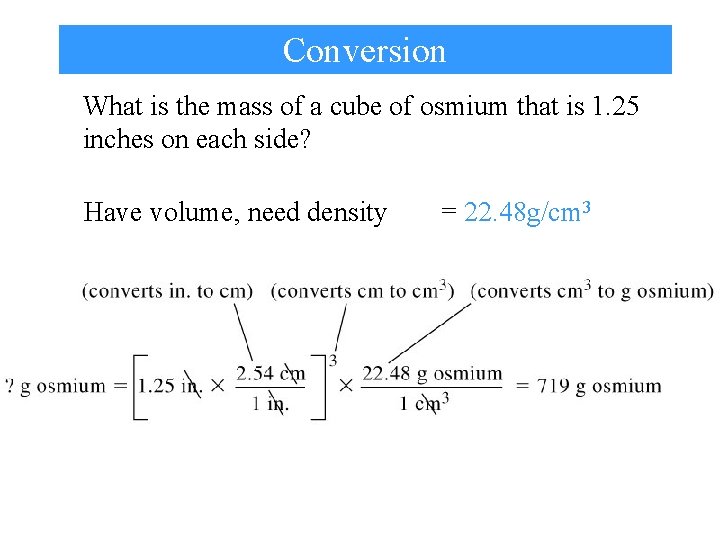 Conversion What is the mass of a cube of osmium that is 1. 25