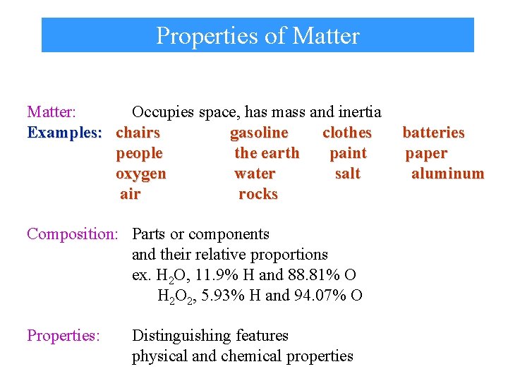 Properties of Matter: Occupies space, has mass and inertia Examples: chairs gasoline clothes people