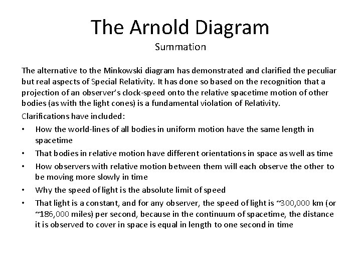 The Arnold Diagram Summation The alternative to the Minkowski diagram has demonstrated and clarified
