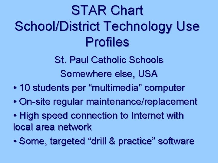 STAR Chart School/District Technology Use Profiles St. Paul Catholic Schools Somewhere else, USA •
