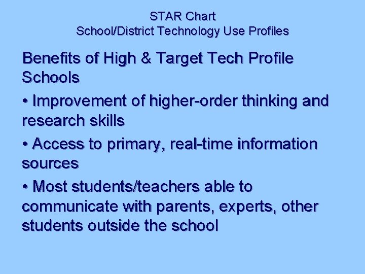 STAR Chart School/District Technology Use Profiles Benefits of High & Target Tech Profile Schools