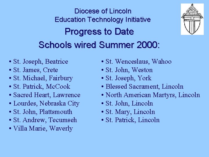 Diocese of Lincoln Education Technology Initiative Progress to Date Schools wired Summer 2000: •
